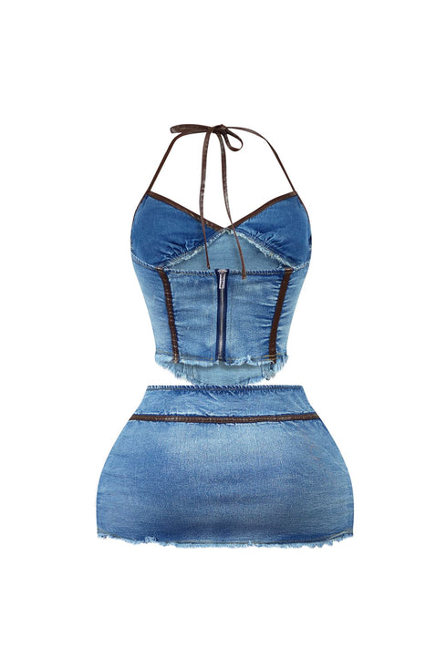 City At Night Denim Halter Top & Skirt SET